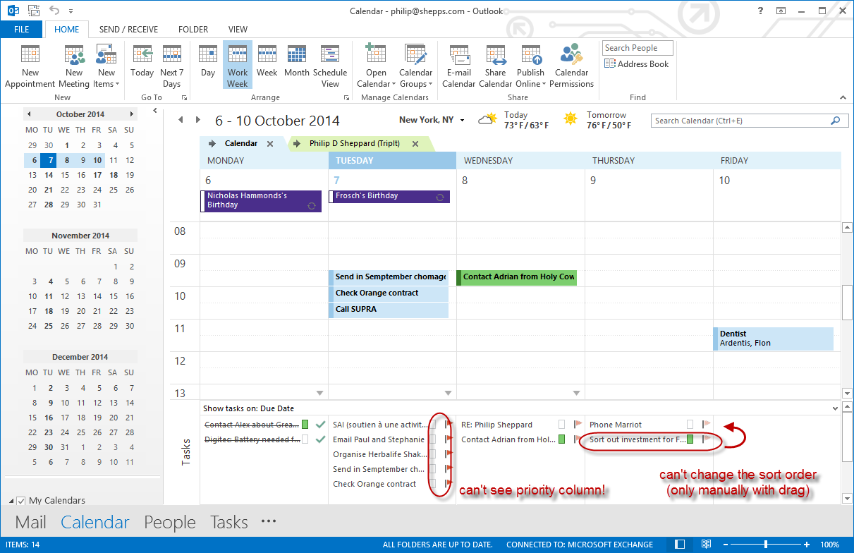 Is there any way of sorting the task list in CALENDAR view? Outlook